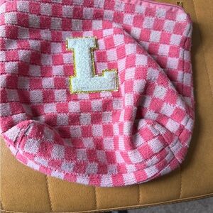 Pink Checkered cosmetic bagwith Letter L